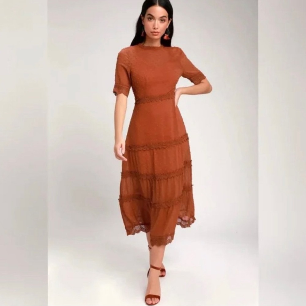 Lulus Dreaming of You Swiss Dot Midi Dress M Rust Orange Sz L sheer lace trim